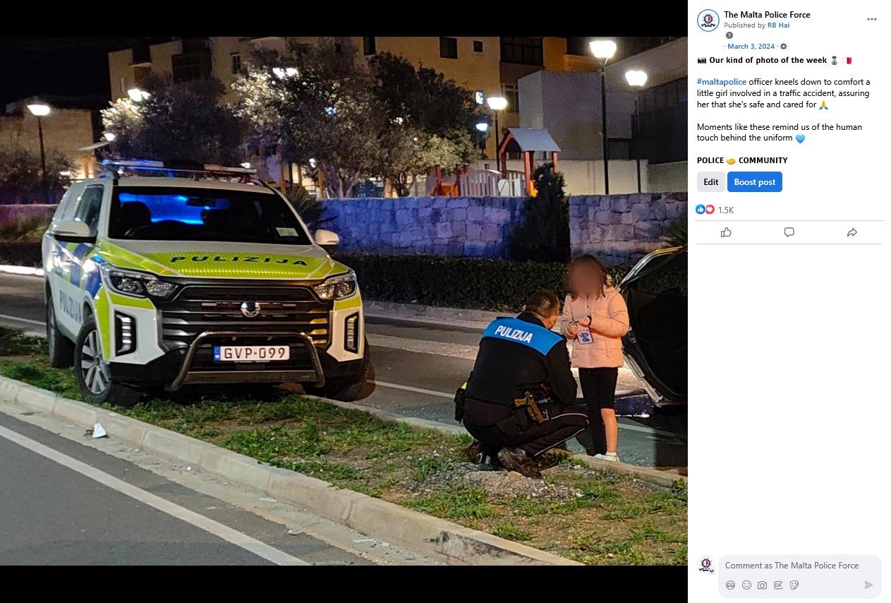 This social media image of a police officer comforting a child at a car accident earned PS Dale Cassar the Best Social Media Award. Image: Malta Police