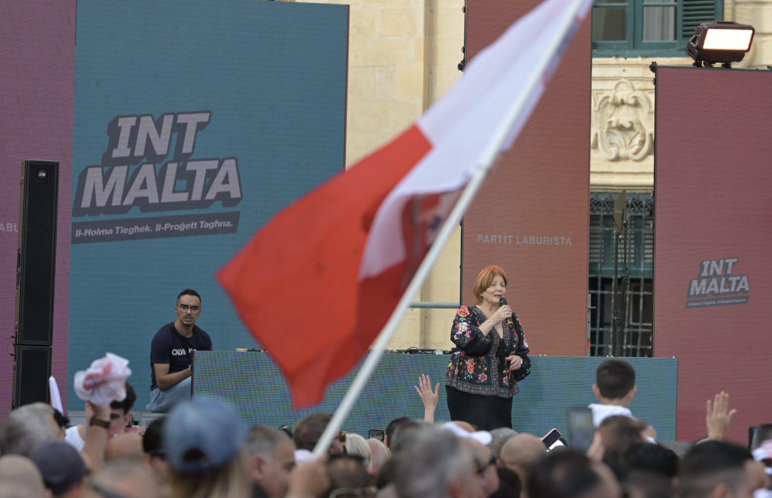 Mary Spiteri entertaining the crowds ahead of the main speeches. Photo: Matthew Mirabelli