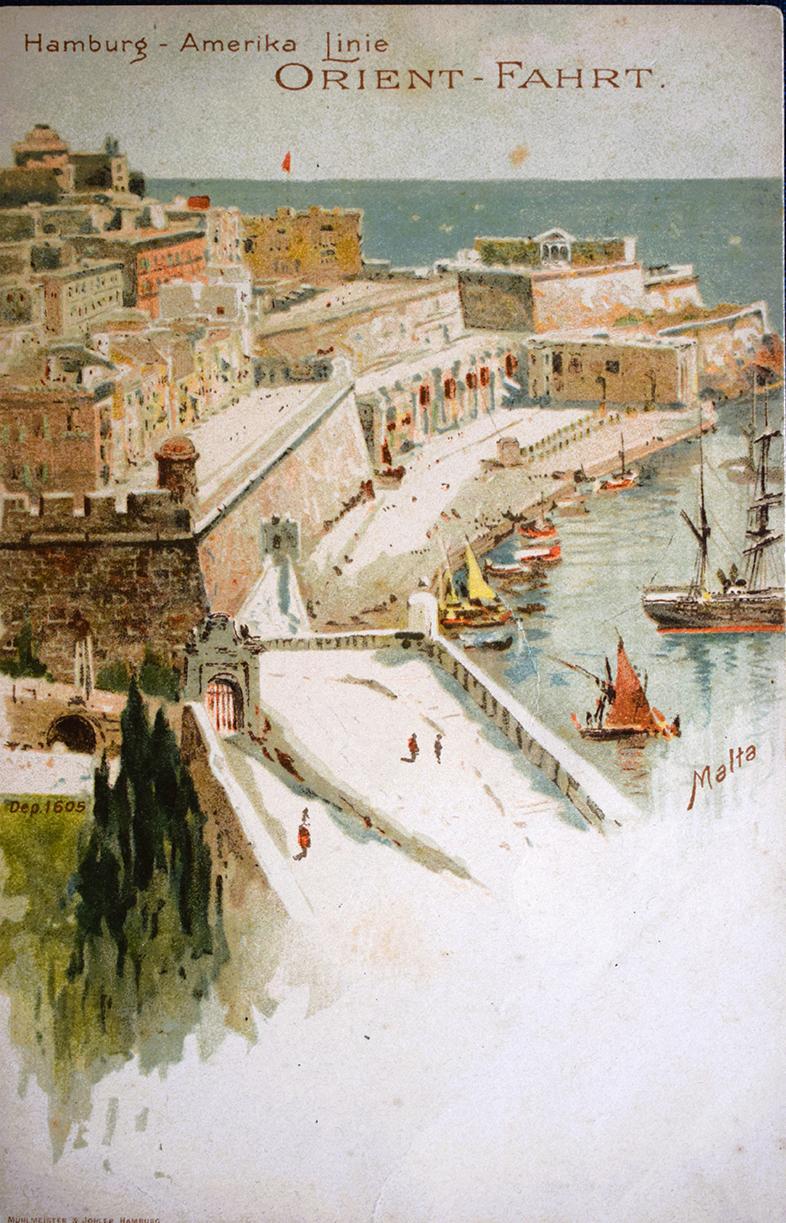 Early art postcard of Valletta and Grand Harbour by the Hamburg-Amerika Linie