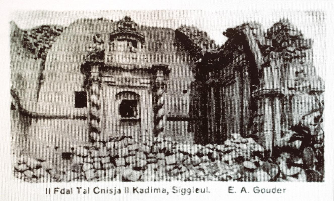 Remains of the old parish church in a Scerri cigarette card by Edward Alfred Gouder.