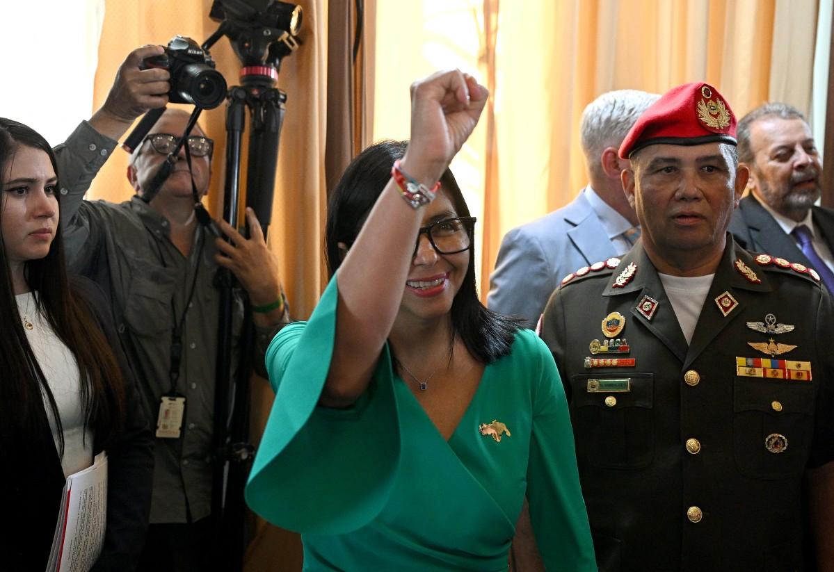 Venezuela's interim President Delcy Rodriguez gestures after a session of the National Assembly in Caracas.