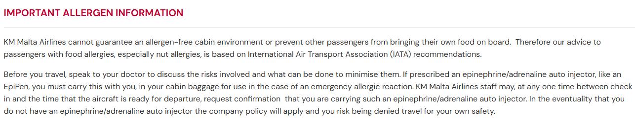 What the airline&rsquo;s website says under &lsquo;Important Allergen Information&rsquo;.