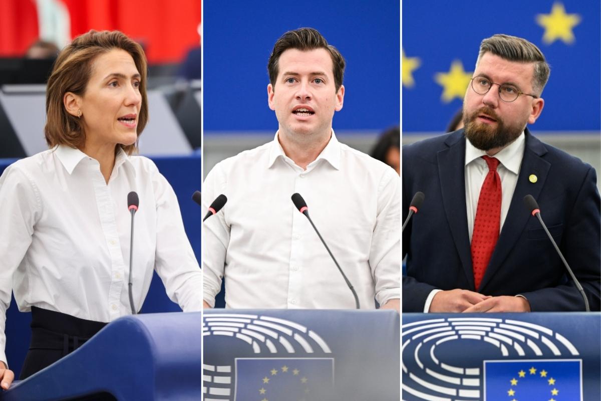Renew chief Val&eacute;rie Hayer (L) has called on the EP president to investigate comments made by MEPs Kristoffer Hjort Storm (C) and Sebastian Tynkkynen (R). Photos: EP.