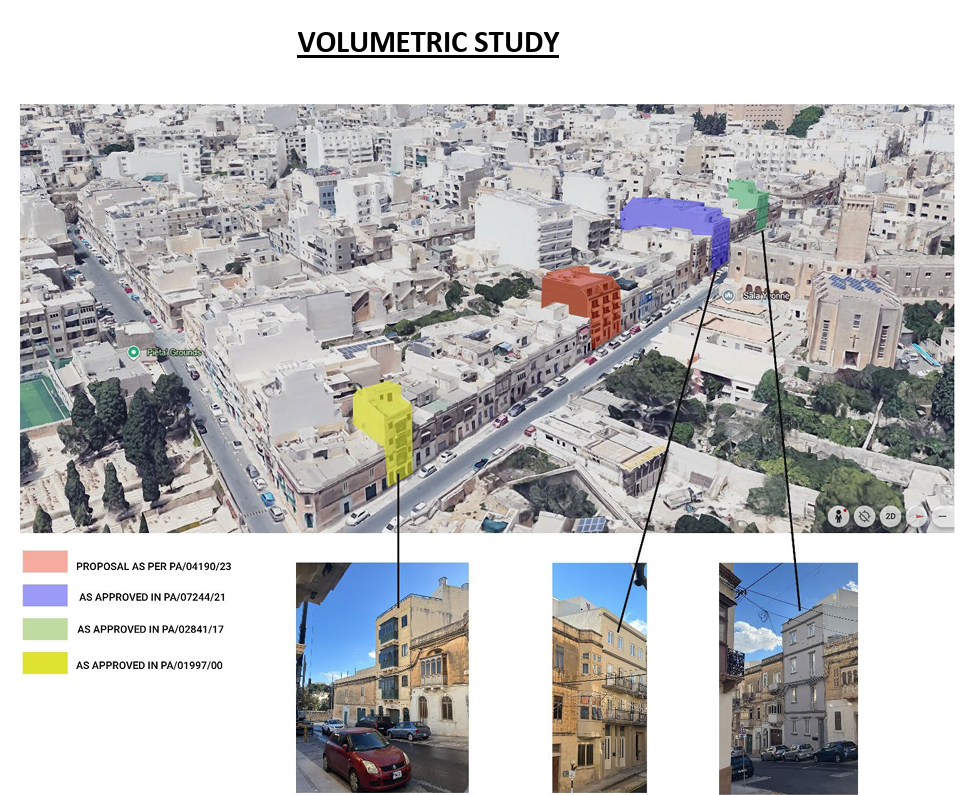 A volumetric study presented by the developer. The development in question is in red.