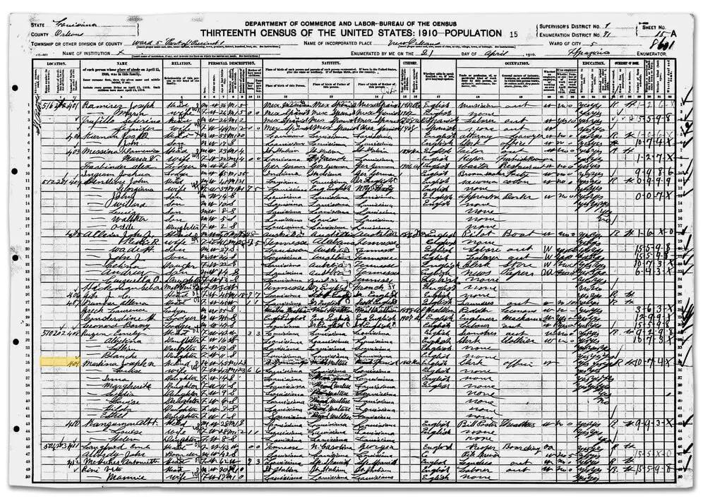 The 1910 census in which the Pope's great-grandfather is described as Maltese.Joseph Narval Martinez's entry is highlighted in yellow.