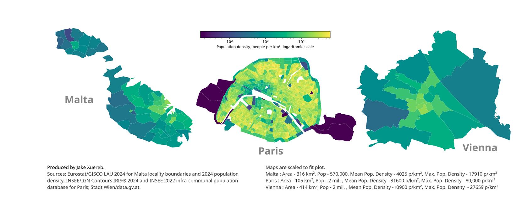 A heat map showing the population density in Malta, Paris and Vienna. Graphic: Jake Xuereb
