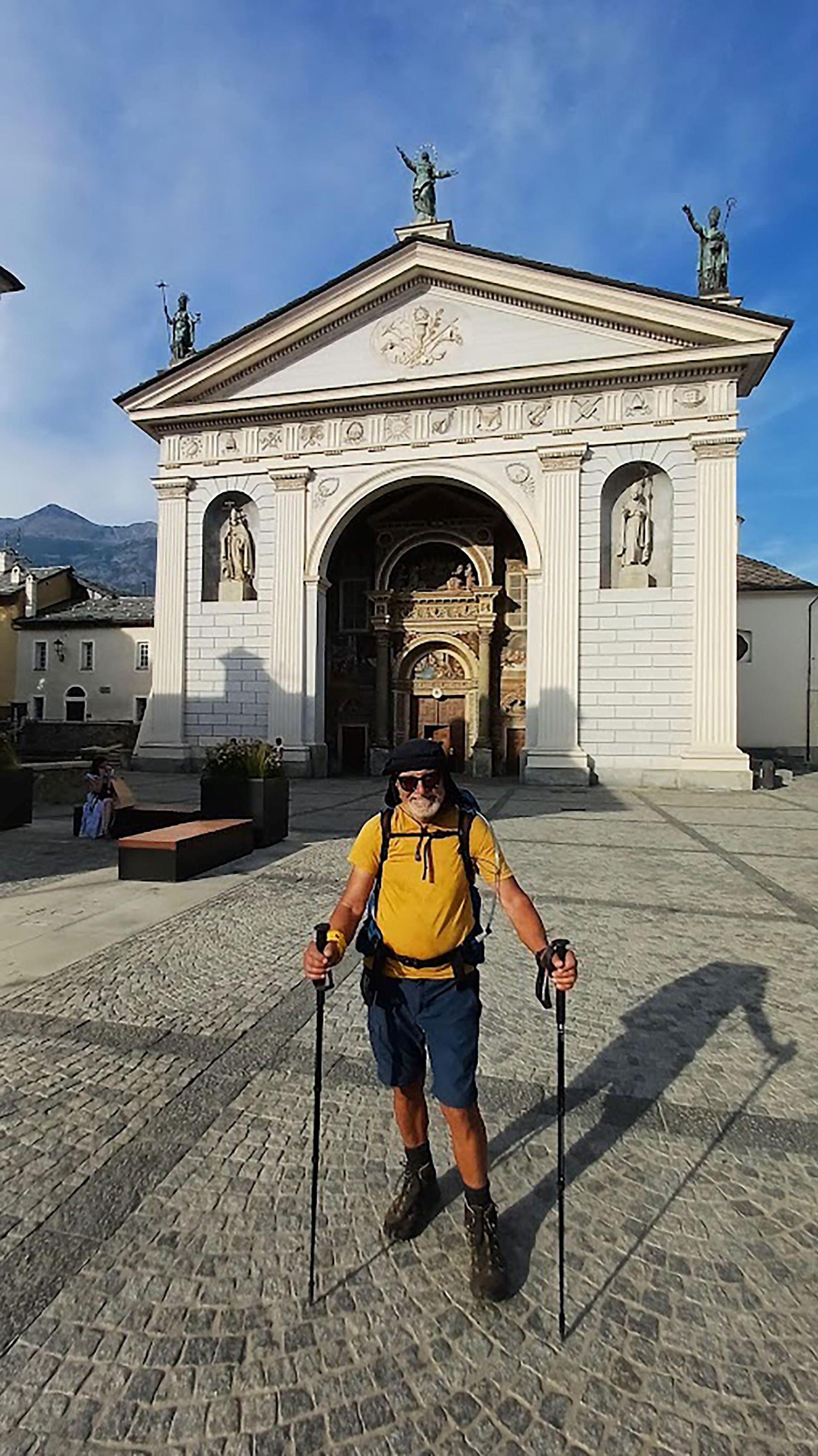 Ray Aquilina at the Cathedral in Aosta, where he ended the first leg of his pilgrimage.
