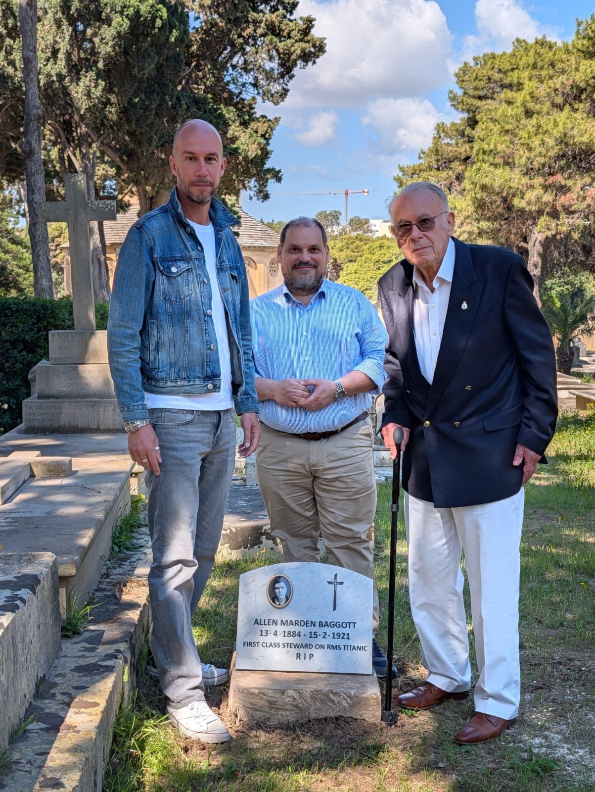 Mario Cacciottolo, James Borg and Alexander Welsh (President of the Friends of Ta Braxia) with Baggott's headstone. Photo: Chris Sant Fournier