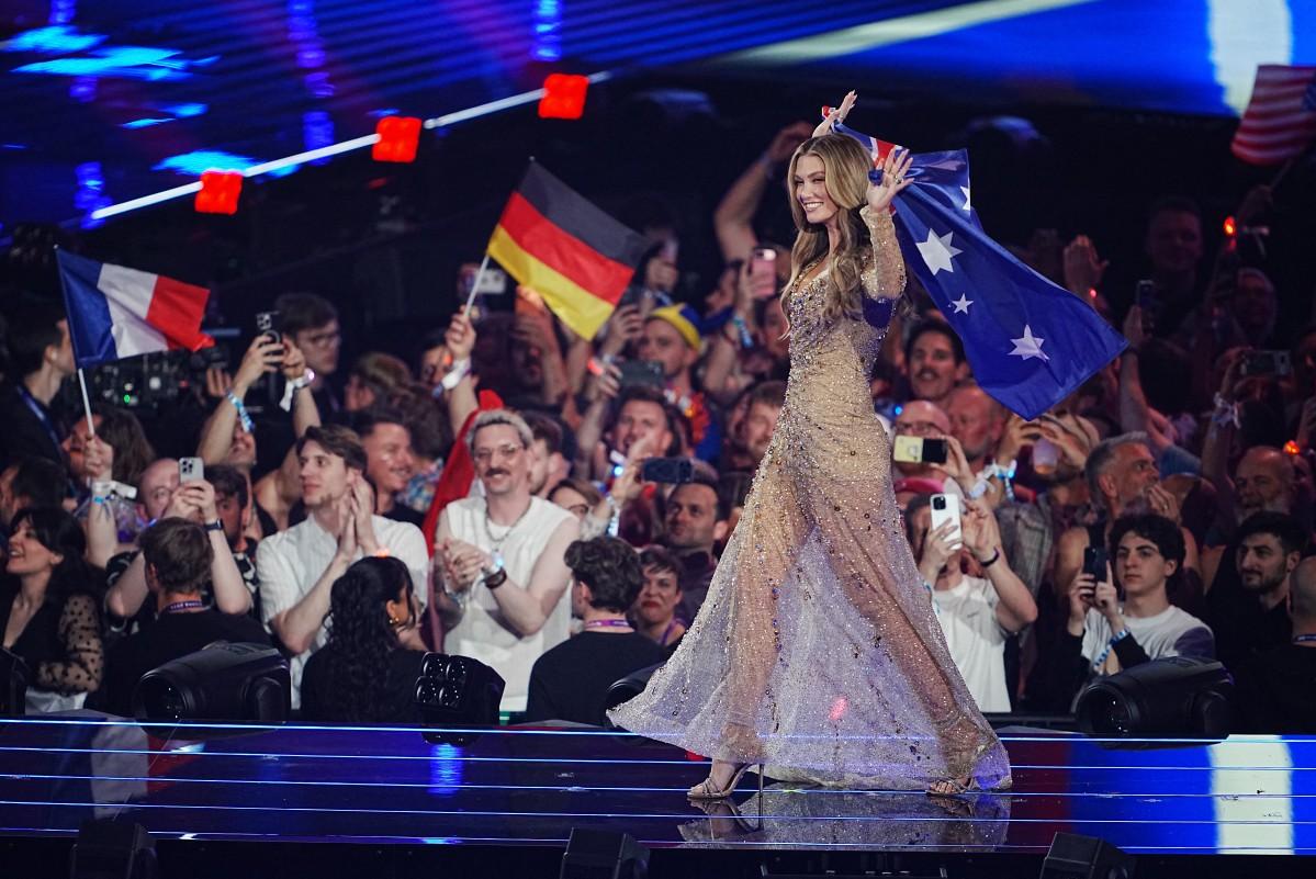 Delta Goodrem representing Australia waves at fans during the dress rehearsal for the Eurovision final. Photo: AFP