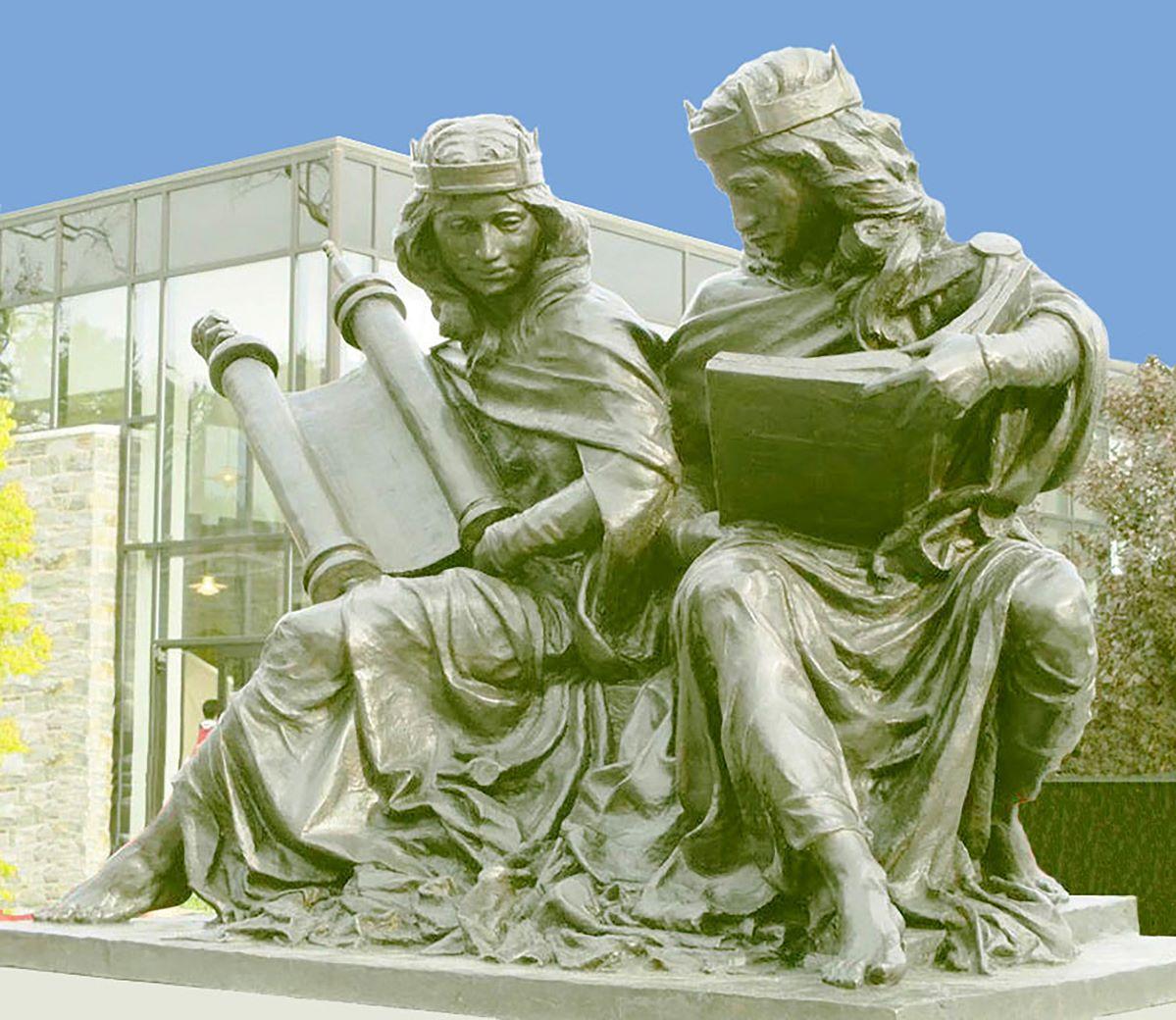 <em>Synagoga and Ecclesia in Our Time</em> (2015), a sculpture by Joshua Koffman at the Jesuit-run St Joseph's University, Philadelphia, commemorating <em>Nostra aetate</em>. Photo: Calimeronte/Wikimedia Commons