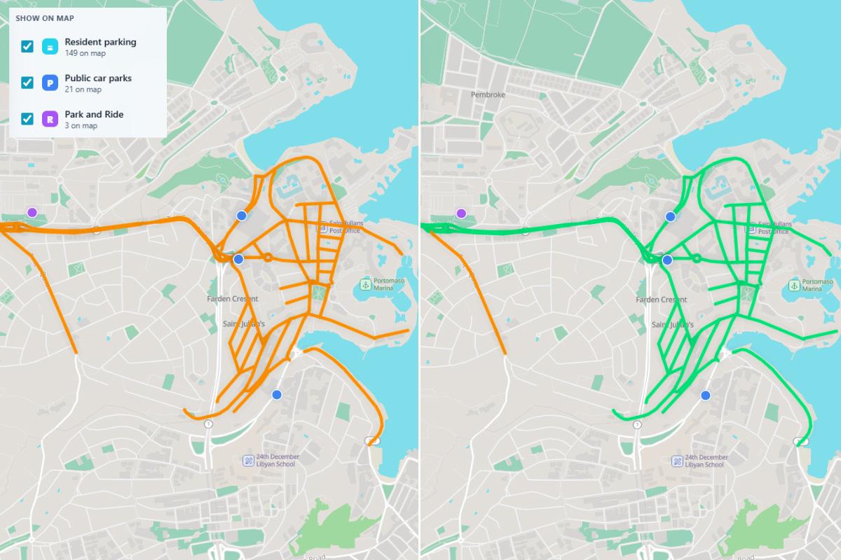 Roads change colour from orange to green to indicate available parking when a resident filters by locality.