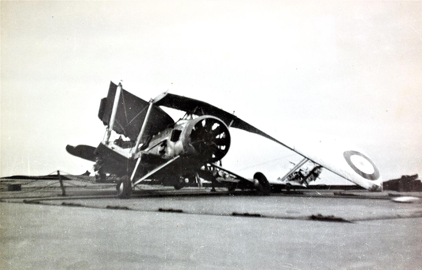 A British aircraft after a disastrous incident on HMS Ark Royal on January 17, 1939.