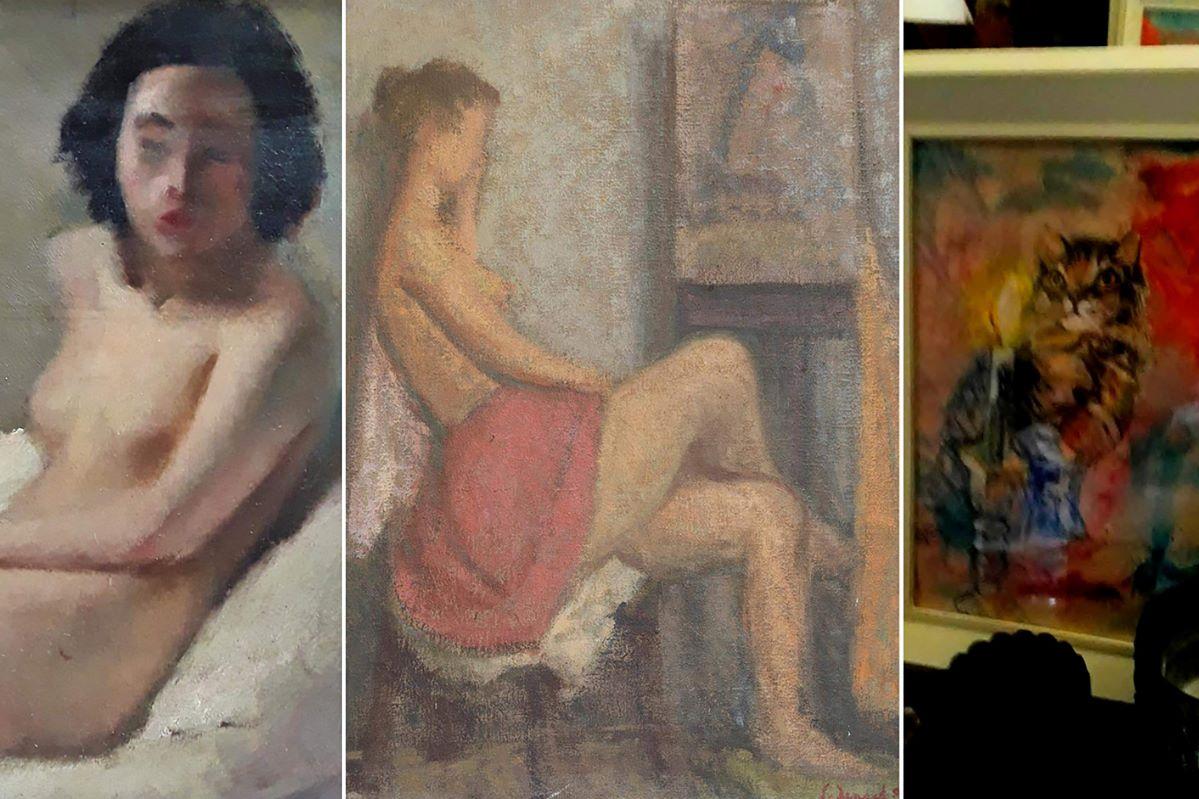 Excerpts of an unsigned Giorgio Preca (left), a student work of George Fenech (centre)... and a painting of the Agius family cat, Renoir.