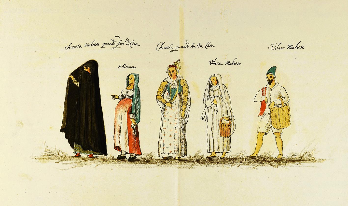 Five Maltese characters. Watercolour by Fra Opizio Guidotti, c. 1600. Courtesy of the National Library