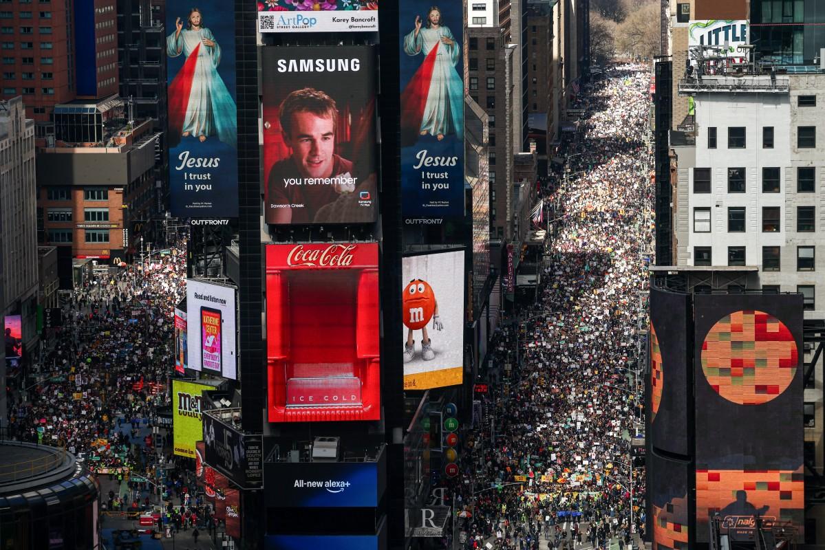 Protesters descend on Times Square during the protest in New York. Photo: AFP