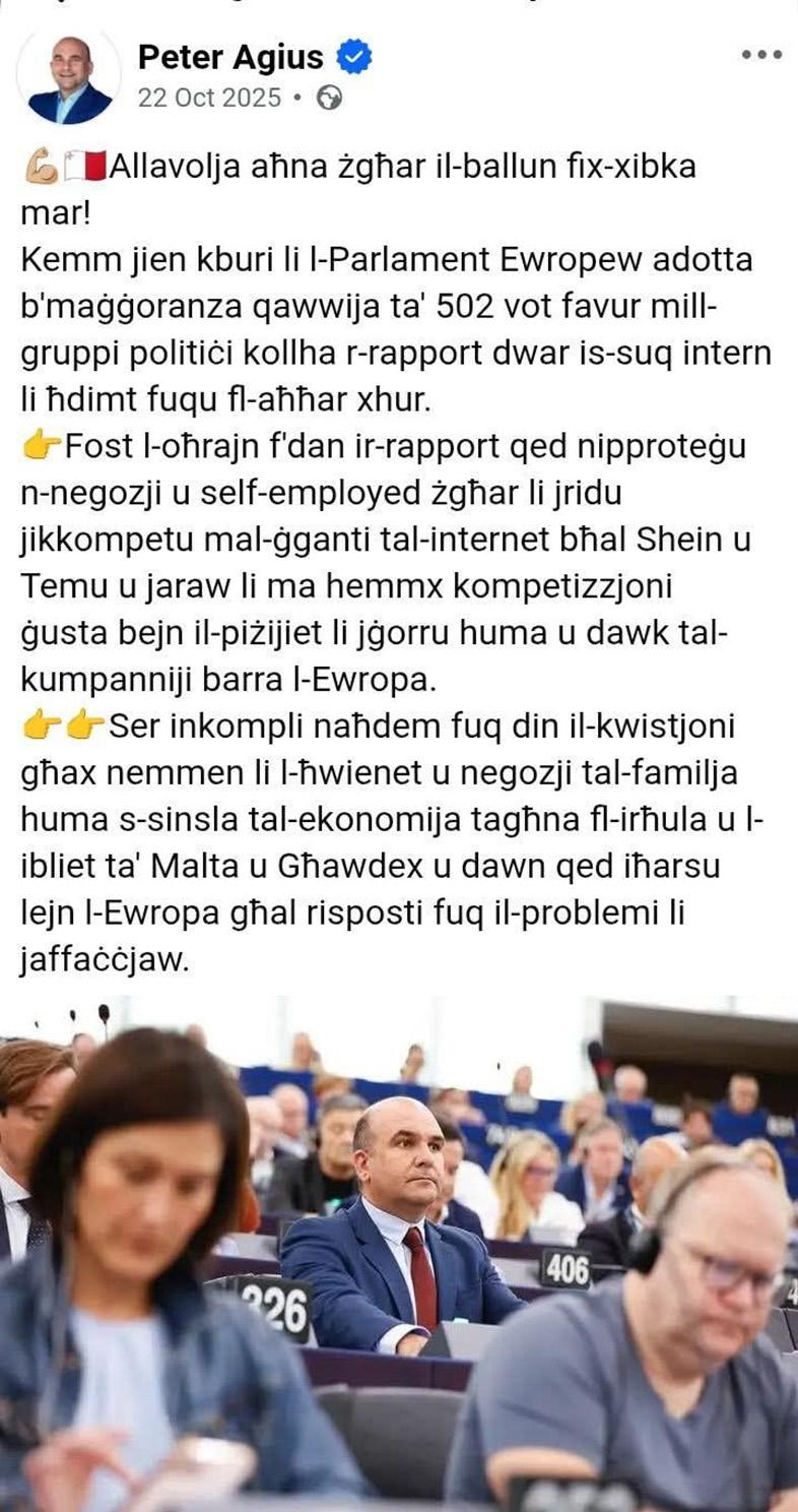 In a Facebook post last October, Agius said a European Parliament resolution he worked on would &lsquo;protect SMEs from giants like Shein and Temu&rsquo;.