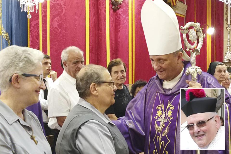Cardinal Mario Grech offering his condolences to Dun Ġorġ’s sister Doris. Photos: Charles Spiteri Inset: Dun Ġorġ
