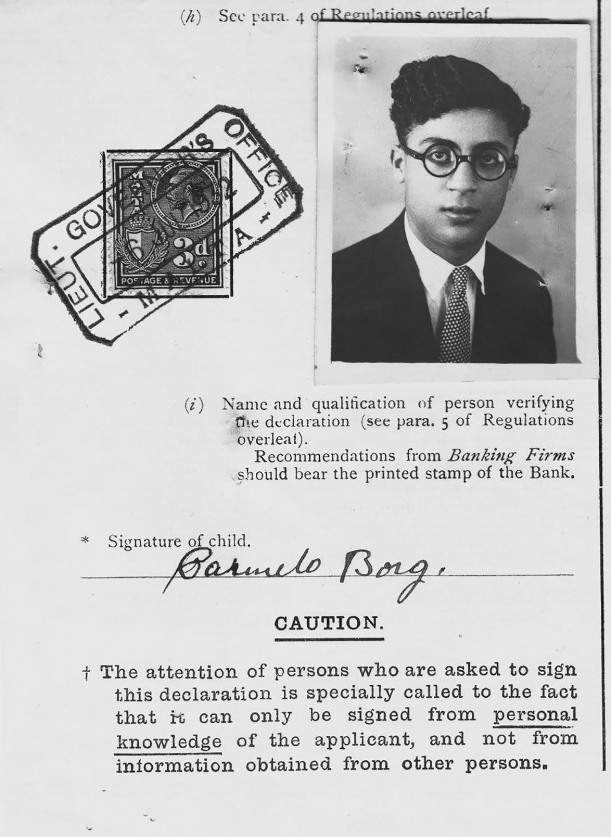 Part of Carmelo Borg Pisani&rsquo;s passport application from 1932. Photo: National Archives of Malta