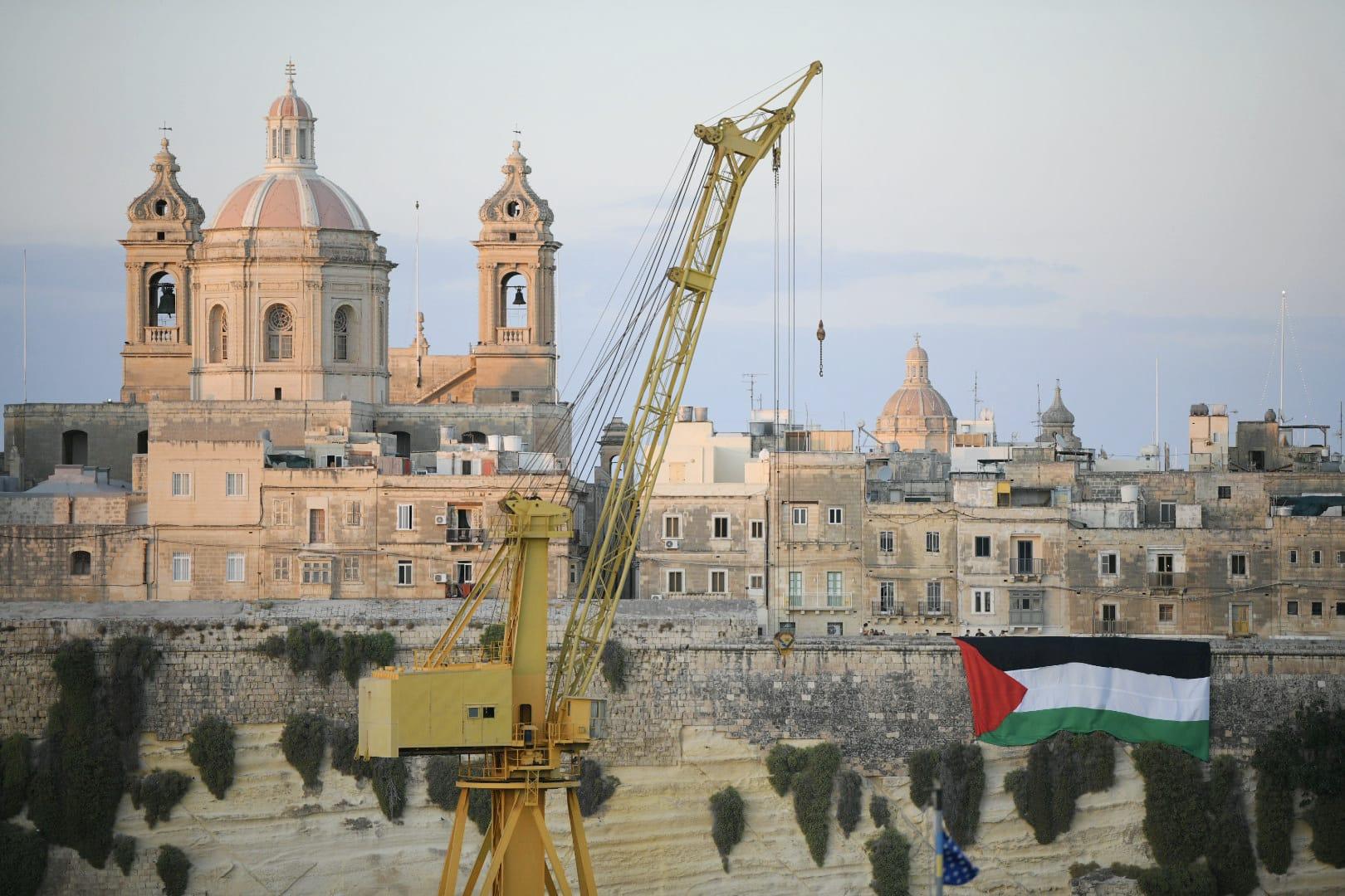 The Palestinian flag draped on the Senglea bastions, facing the Corradino stadium.(Matthew Mirabelli).