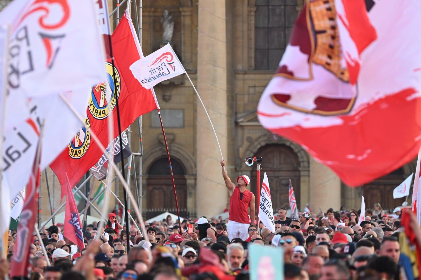 PL supporters waved flags and lit flares as a festive atmosphere reigned in Floriana. Photo: Matthew Mirabelli