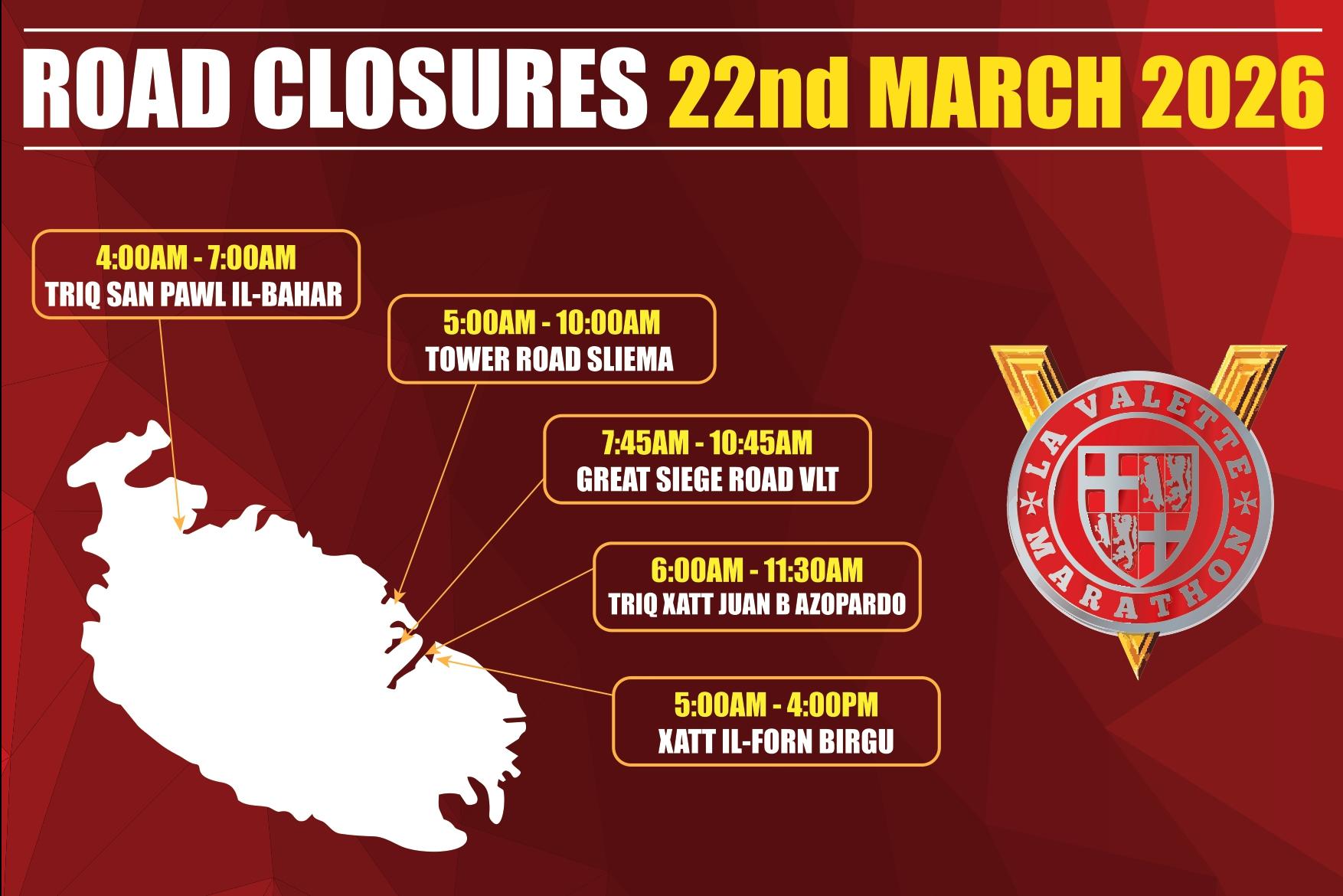 Roads will be closed as runners make their way across Malta.