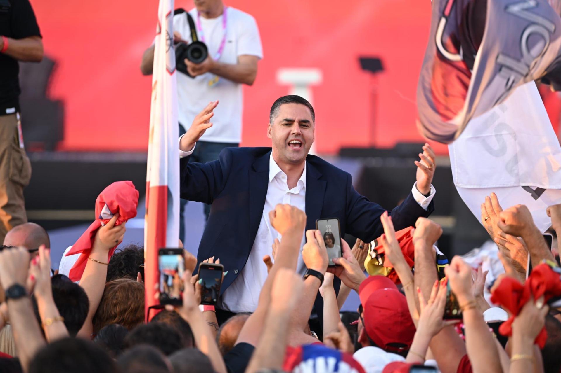 Ian Borg energises the Labour crowd in Floriana. Photo: Matthew Mirabelli