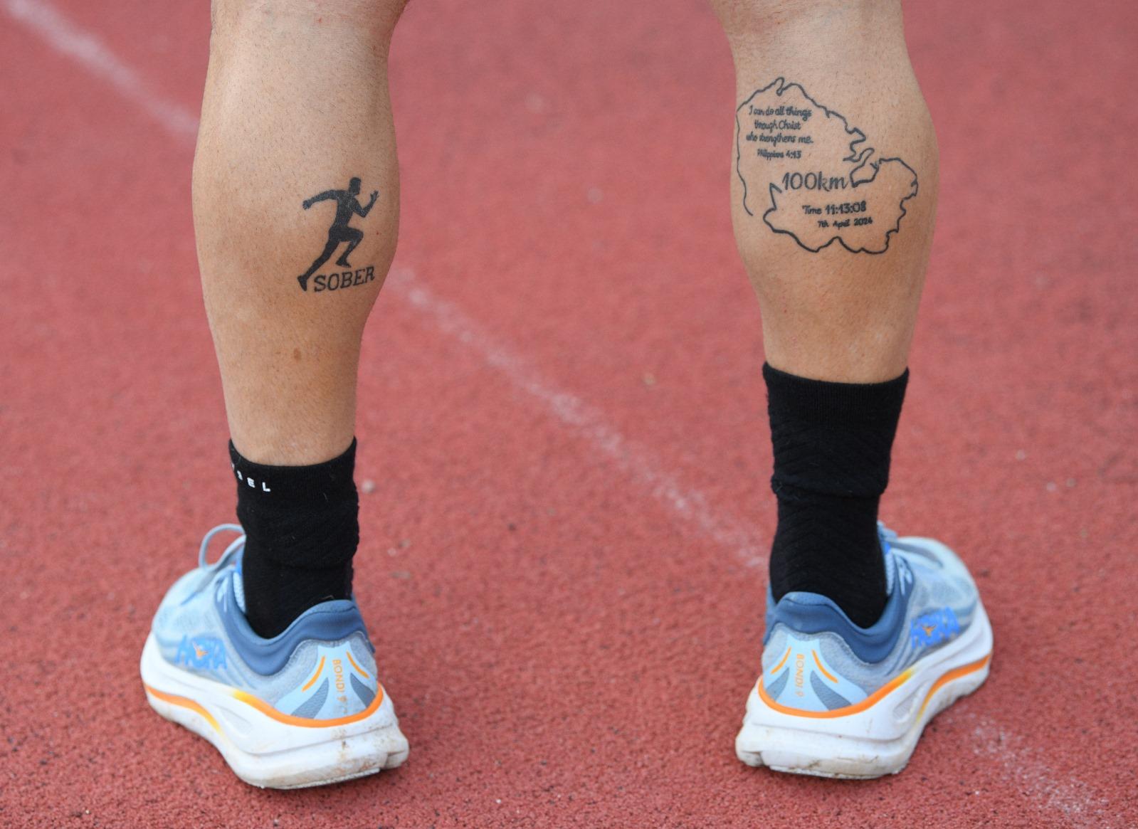 Miguel Mifsud's tattoos of his nickname and a previous challenge he completed last year. Photo: Matthew Mirabelli