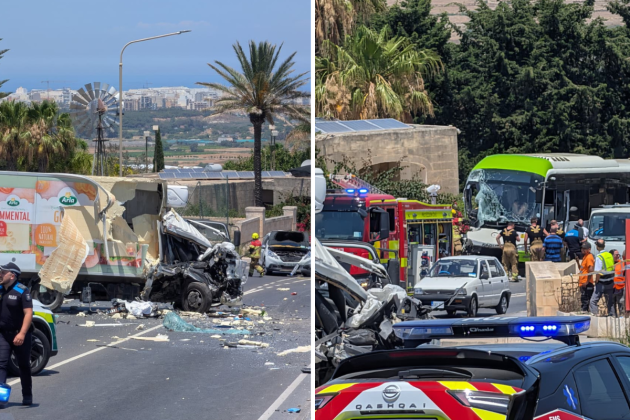 Two drivers critically injured in head-on crash between truck and bus in Mosta
