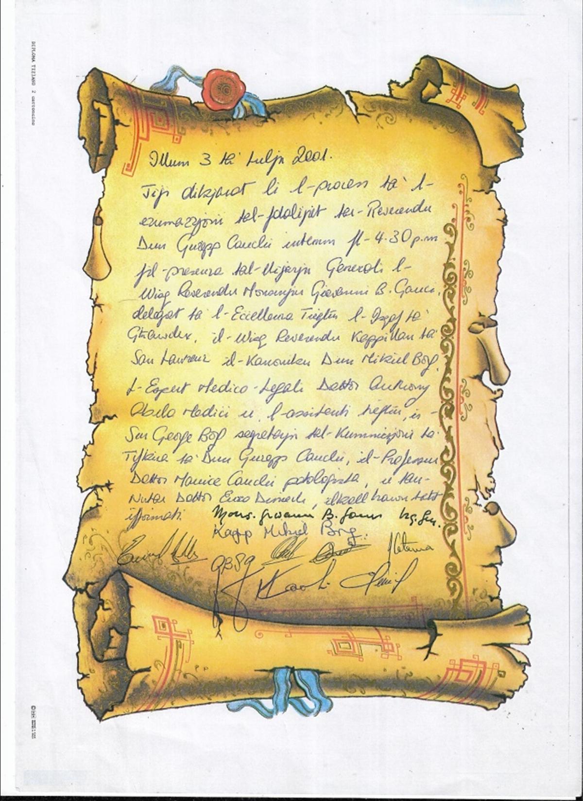 A reproduction of the text of the document certifying the exhumation 25 years ago, carrying the seal of the Gozo Curia and the signatures of those present.