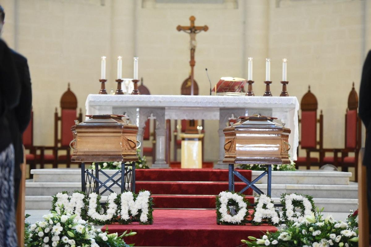 Jeremy and Lorraine Gambin's coffins and wreaths Photo: Chris Sant Fournier