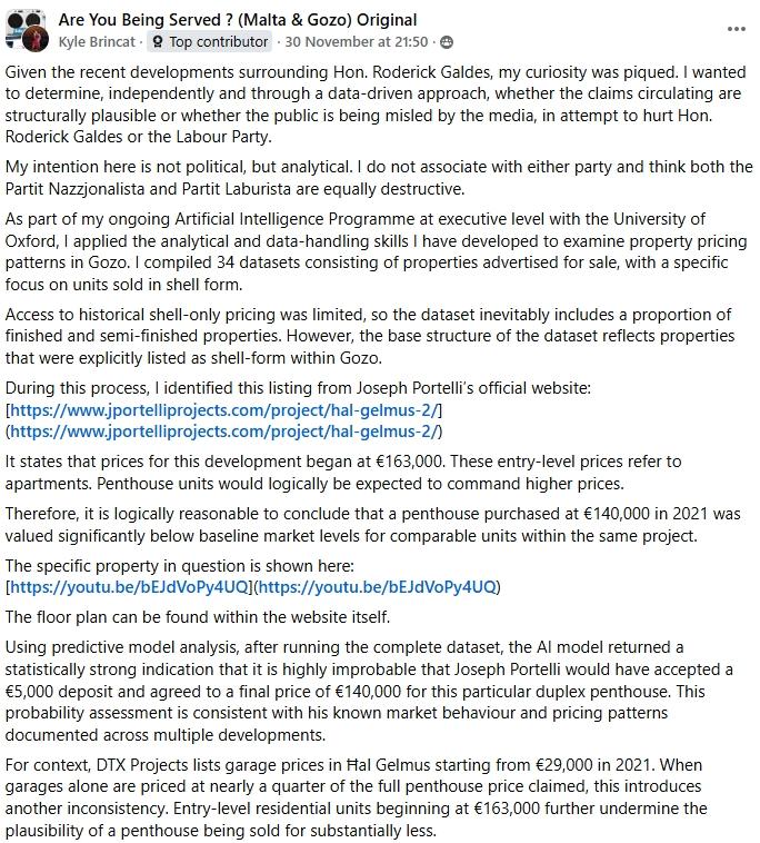 An excerpt from Brincat's Facebook post.