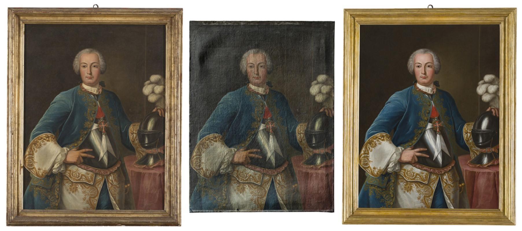 The painting in its frame prior to treatments; (centre) being investigated under raking light before treatments; (right) the framed painting after treatments. Photos: Manuel Ciantar, Suzanne Ciantar Ferrito obo ASC Conservation Centre Ltd