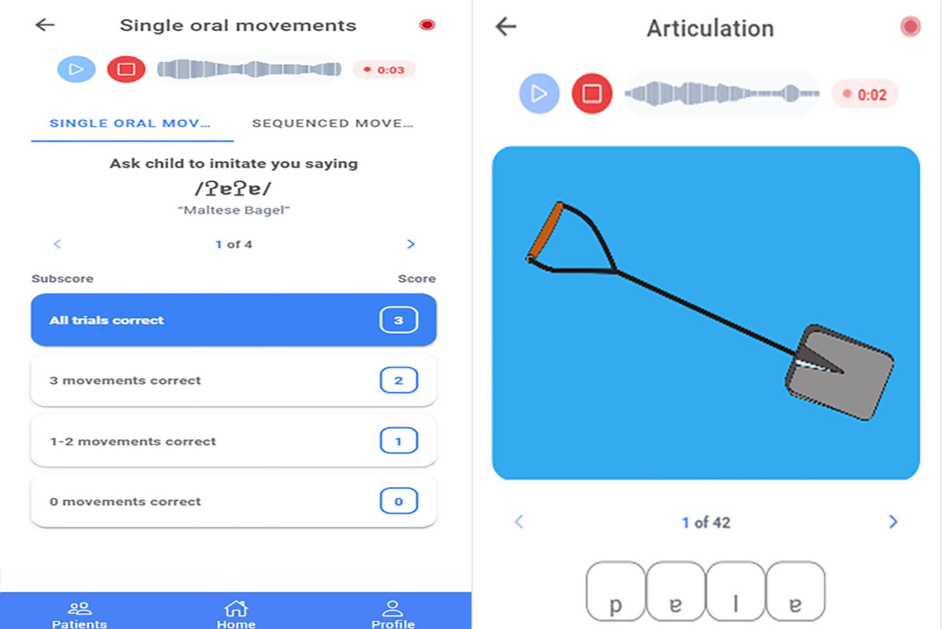 Screenshots from the Electronic Maltese-English Speech Assessment (eMESA) app, that is in development stage.
