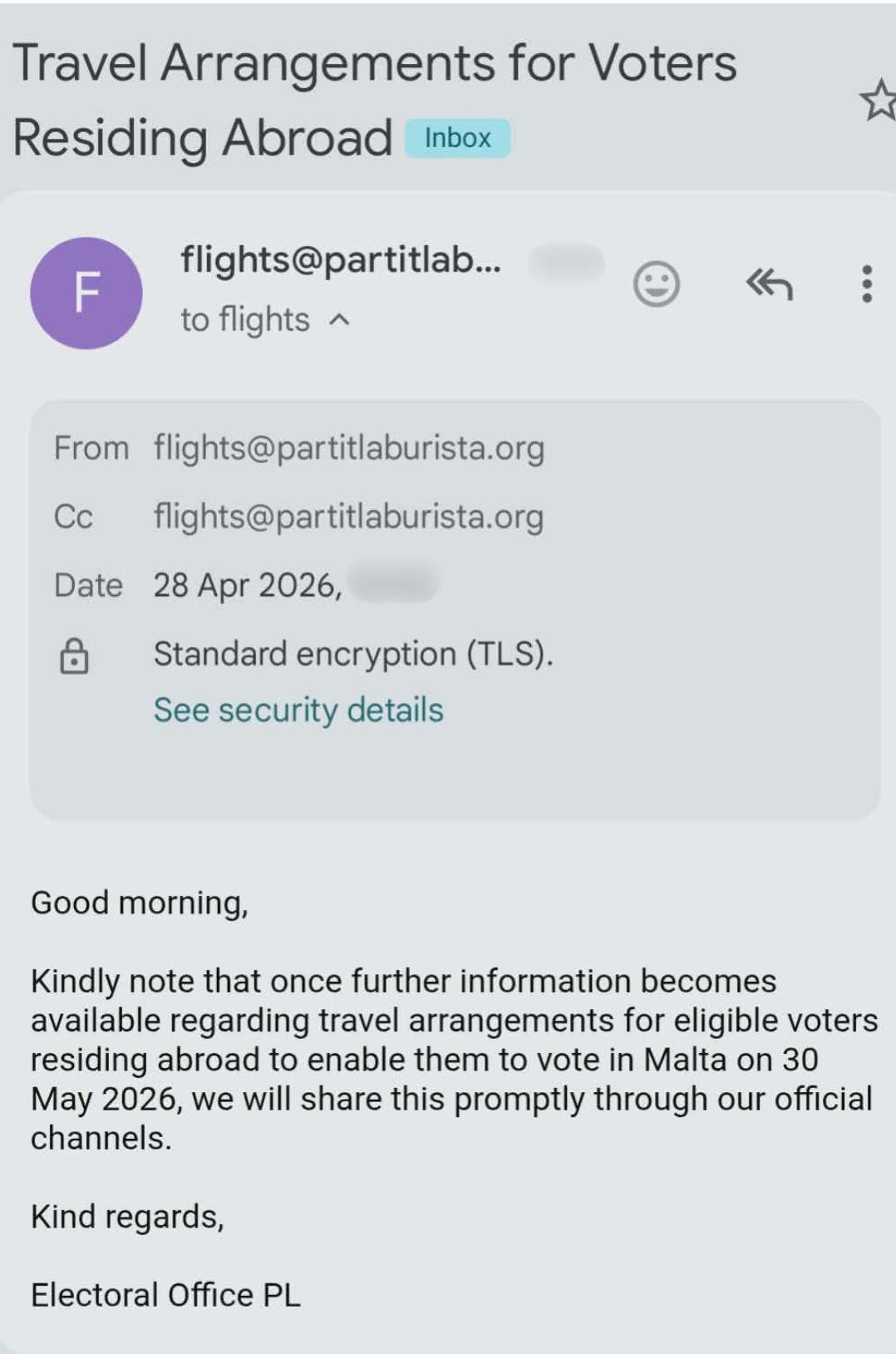 An email received by a reader yesterday.