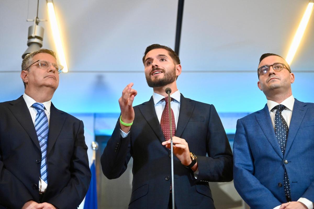 Alex Borg, flanked by Adrian Delia and Jerome Caruana Cilia. Photo: Chris Sant Fournier
