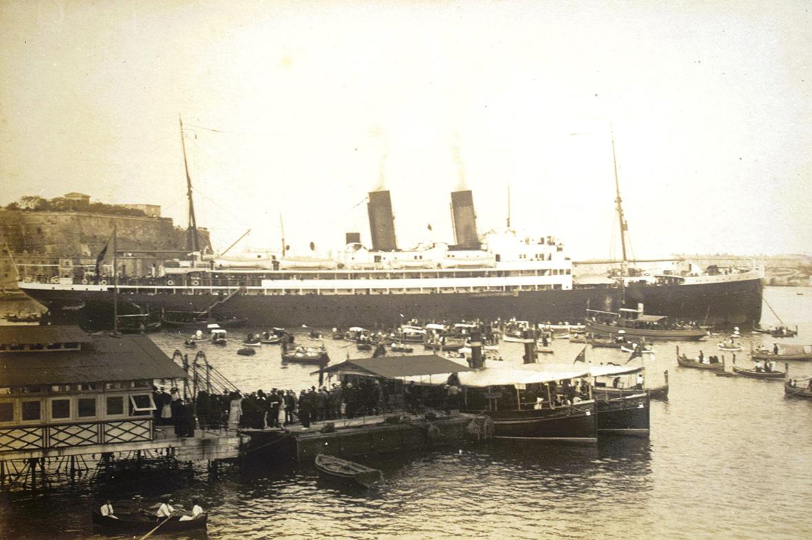 SS Orontes berthed next to the Grand Harbour landing place.