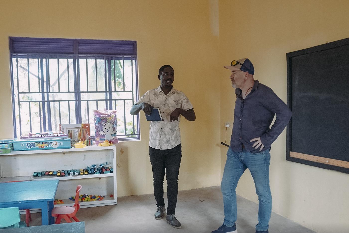 Keith Marshall inside one of the classrooms at the Rosemarie Rapa Kindergarten in Kaliro, Uganda.