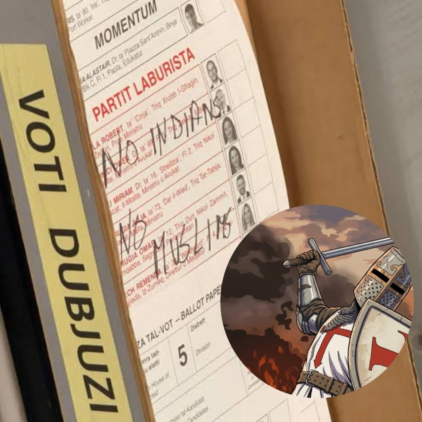 Momentum candidate Mark Camilleri Gambin posted this picture on social media showing one of the racist spoiled ballots. Photo: Facebook/Mark Camilleri Gambin/Lovin Malta