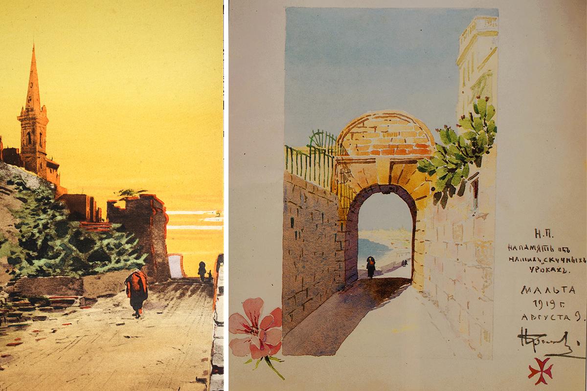 Overlooking Marsamxett. Right: A watercolour Krasnoff presented to Princess Poutiatine &ldquo;to remember our boring lessons&rdquo;. Private collection