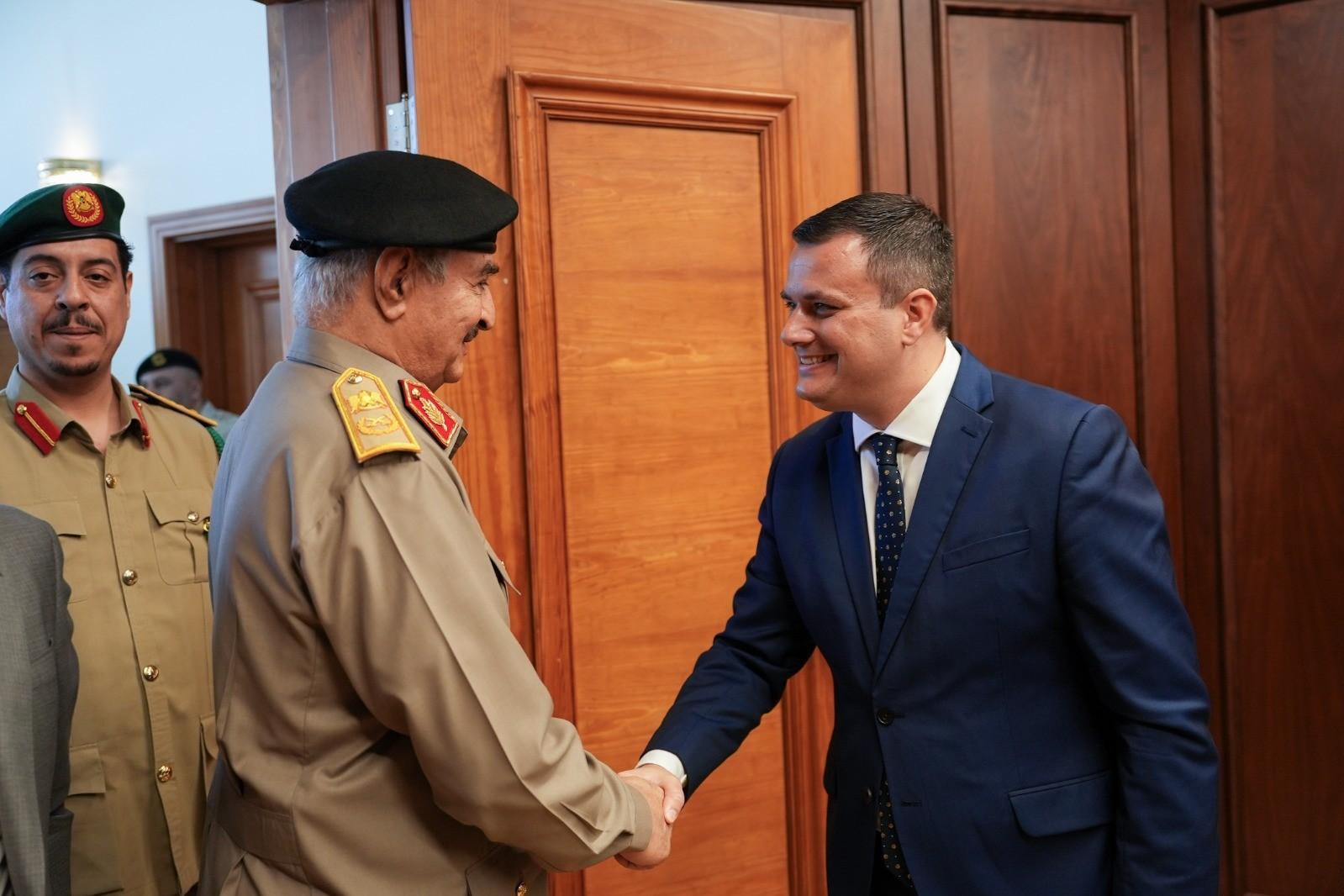 Byron Camilleri meeting Field Marshal Haftar during a visit in 2024. Photo: DOI