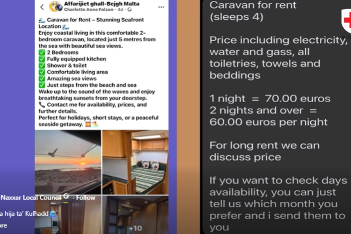 The video adds screenshots showing posts promoting caravans for rent. Screenshot of Naxxar Local Council video/Facebook