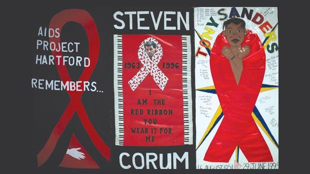 The details of a panel of the Aids Memorial Quilt which is on display at the National Cathedral in Washington, DC.