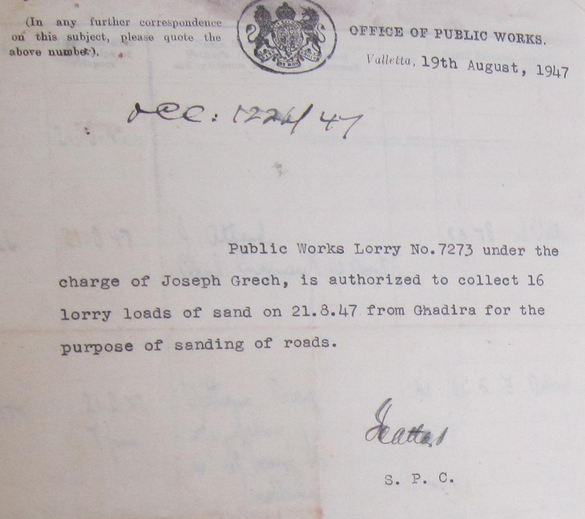 Joseph Grech was given permission to take 16 truckloads of sand from Għadira to be used for surfacing roads. Photo: National Archives of Malta