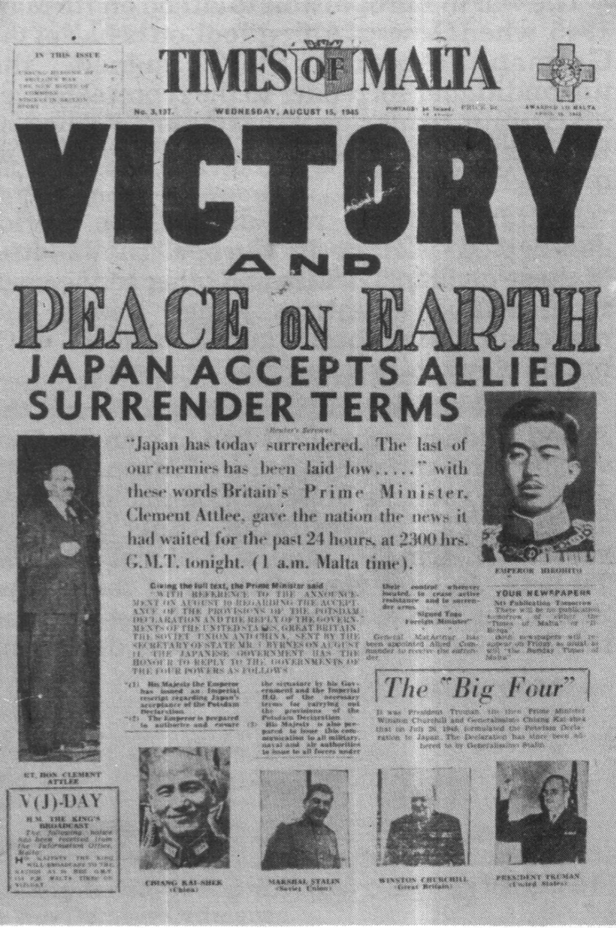 The front page of the Times of Malta edition of August 15, 1945. Photo: National Library of Malta