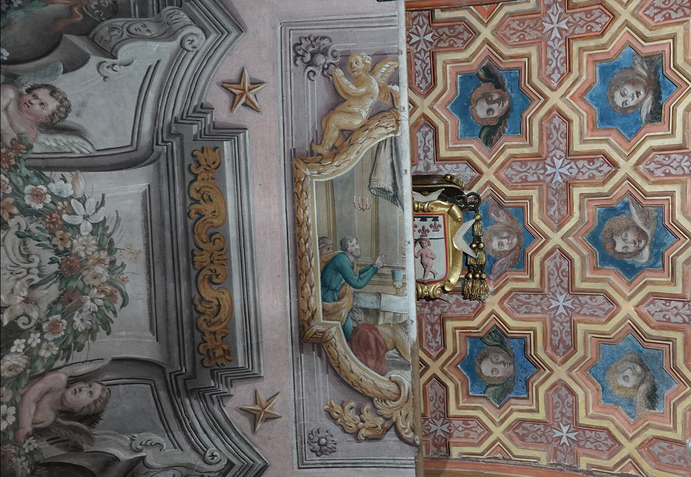 Part of the 17th-century coffered ceiling (right) discovered beneath the 18th-century canvas ceiling. Photo: Curatorial Studio