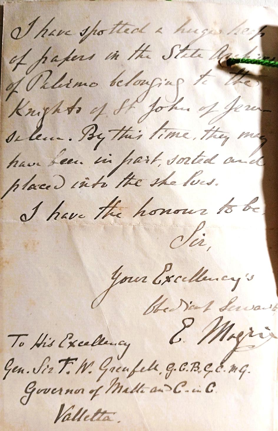 Last page of&nbsp;letter with signature of Fr Manuel Magri SJ to Governor Grenfell, urging the establishment of an archaeological&nbsp;display.
