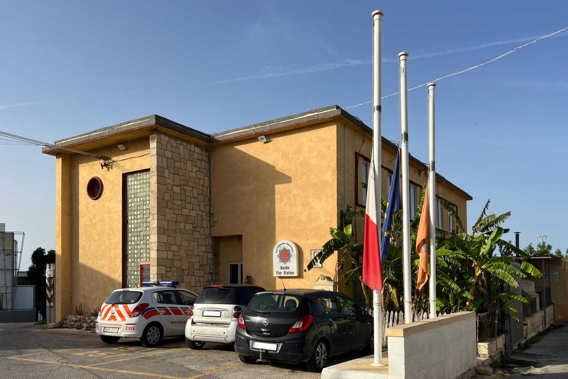 Flags at half mast at the Corradino Fire Station on Monday.