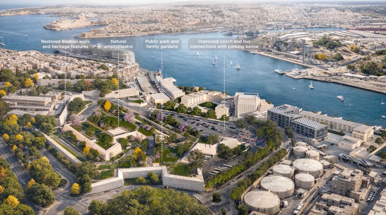 In phase four works will include restoring Floriana&rsquo;s bastions and creating a public park. Render: The Grand Harbour Regeneration Corporation