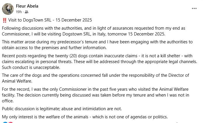 The Animal Welfare Commissioner's statement on social media. Photo: Fleur Abela Facebook