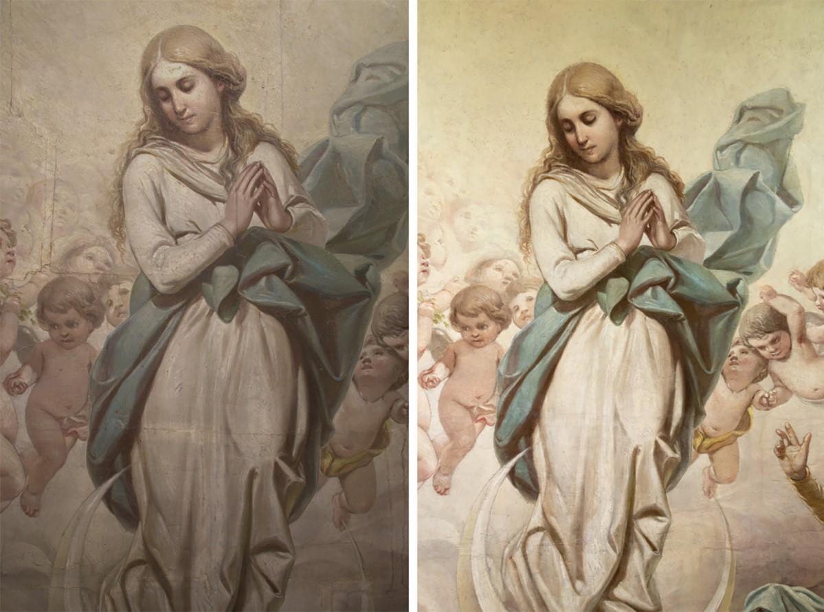Before and after comparison of the cleaning process on the section of the Immaculate Conception.